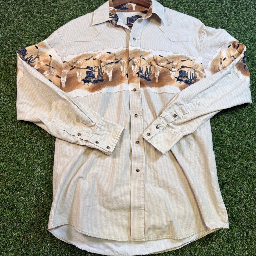 Roper Mens Tan Desert Landscape Steer Skull Western Pearl Snap Shirt Medium